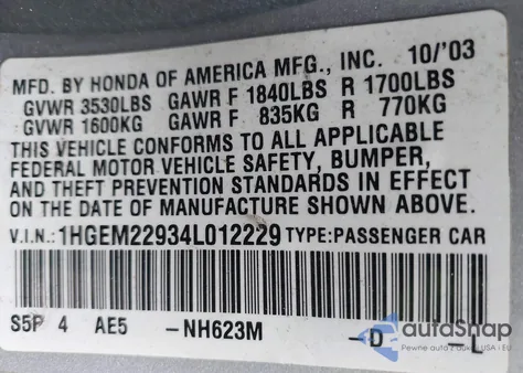 2004 Honda Civic Ex from USA, damaged, VIN 1HGEM22934L012229